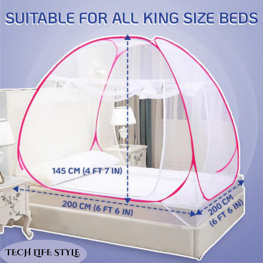 King-Size Foldable Mosquito Net for Double Bed | Durable Polyester 30 GSM Mesh | Corrosion-Resistant PVC-Coated Steel Frame - Blue