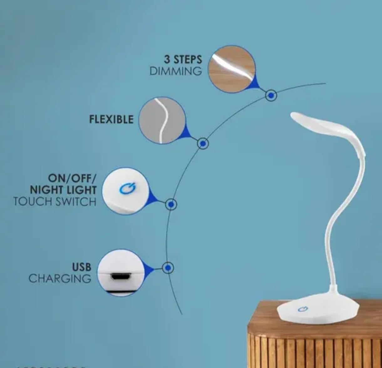 Premium Rechargeable LED Desk Lamp with Touch On/Off Switch, Adjustable Brightness Dimmer, Eye-Care Light for Study, Reading & Work – White