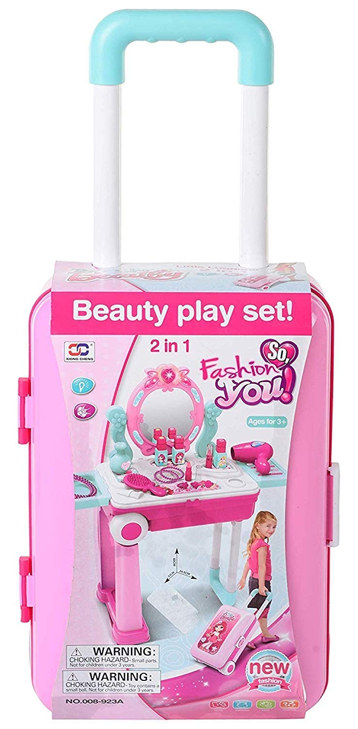Portable Girls Beauty Toy Set with Wheels | 21-Piece Makeup Kit Suitcase Trolley | Easy Clean Play Set