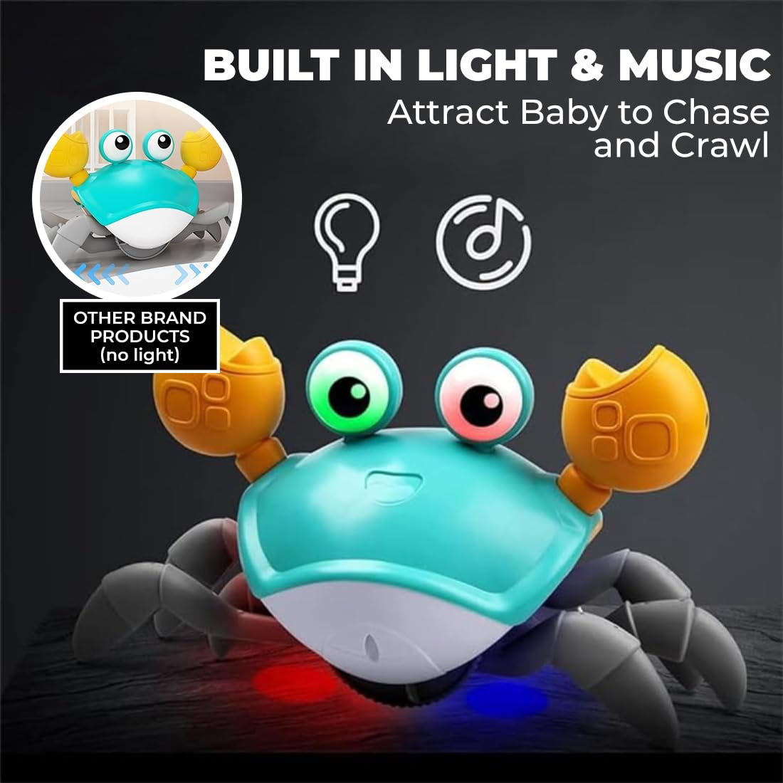 Smart Crawling Crab Baby Toy with Music & Lights – Rechargeable Sensory Toy for Tummy Time & Early Development