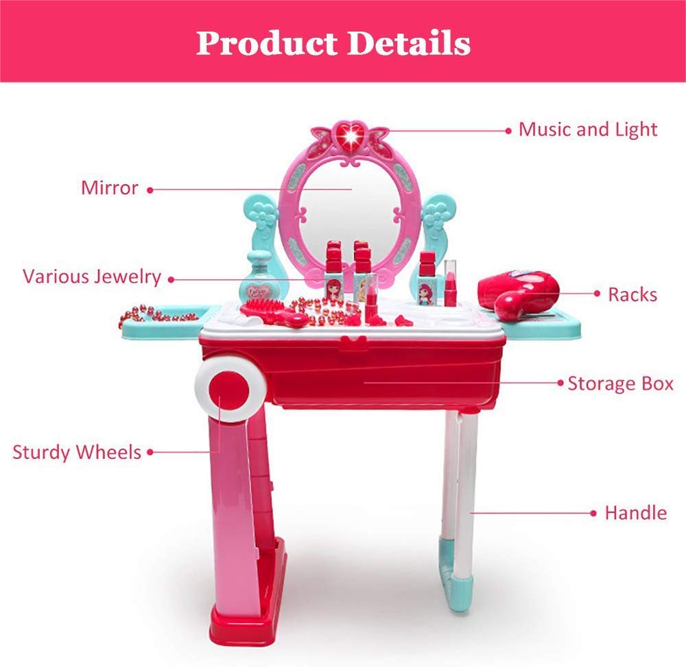 Portable Girls Beauty Toy Set with Wheels | 21-Piece Makeup Kit Suitcase Trolley | Easy Clean Play Set