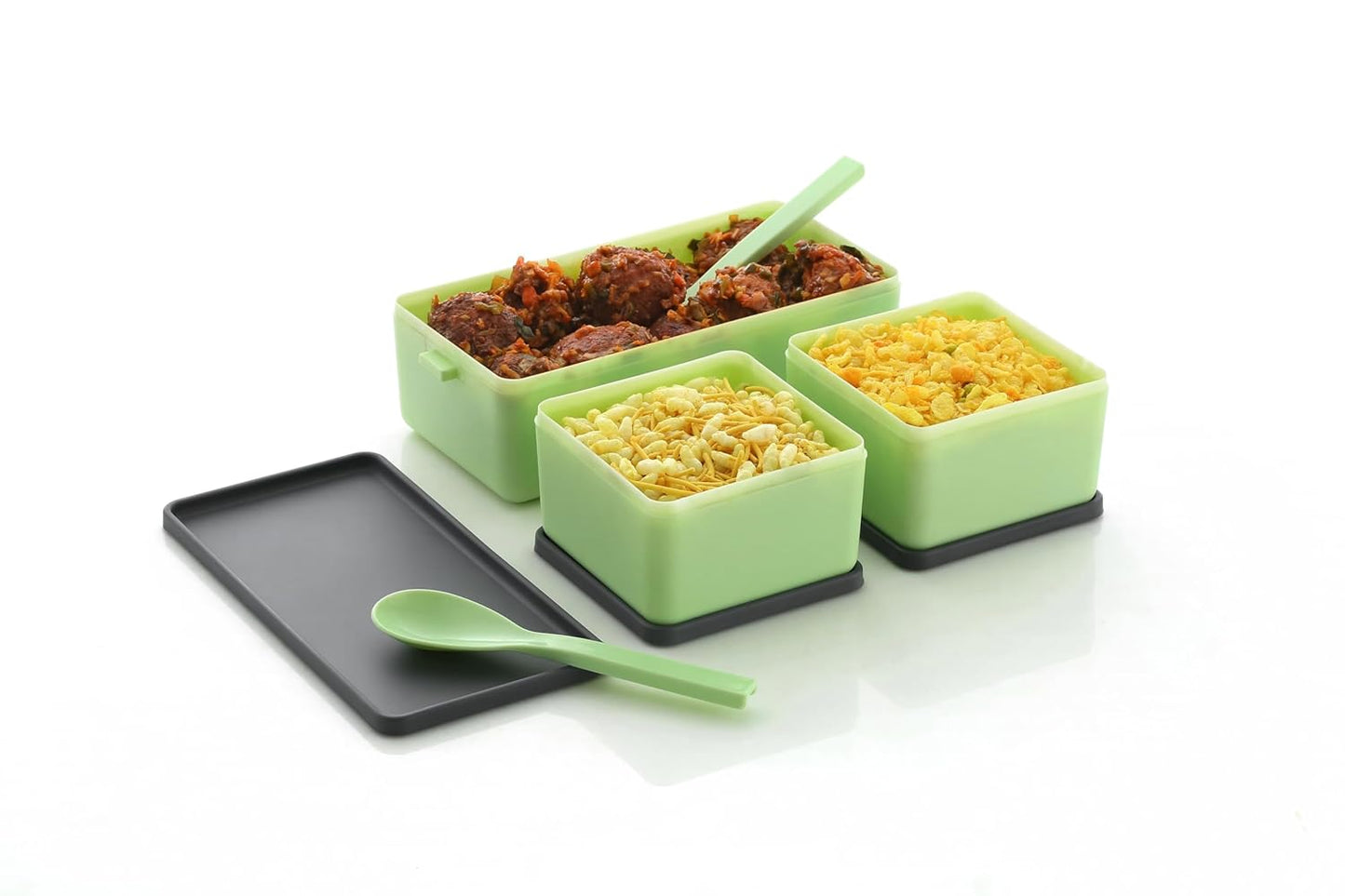 Double Decker BPA-Free Lunch Box – 3 Detachable Containers, 2 Spoons, Stylish Airtight Lid – 1.4L Multicolor, Easy to Carry for Office, School & Outdoors