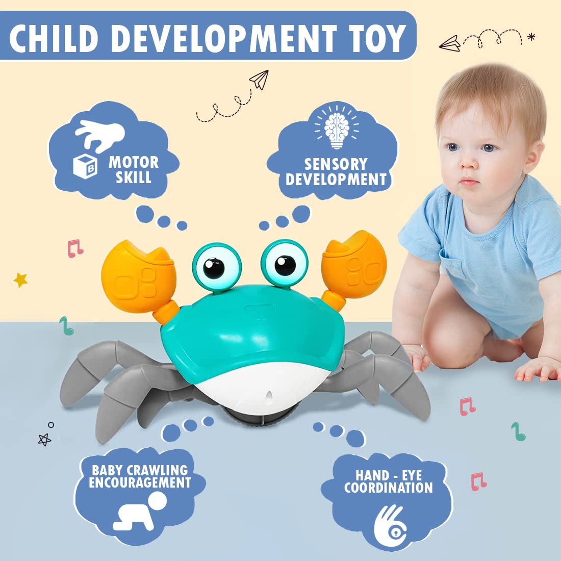 Smart Crawling Crab Baby Toy with Music & Lights – Rechargeable Sensory Toy for Tummy Time & Early Development