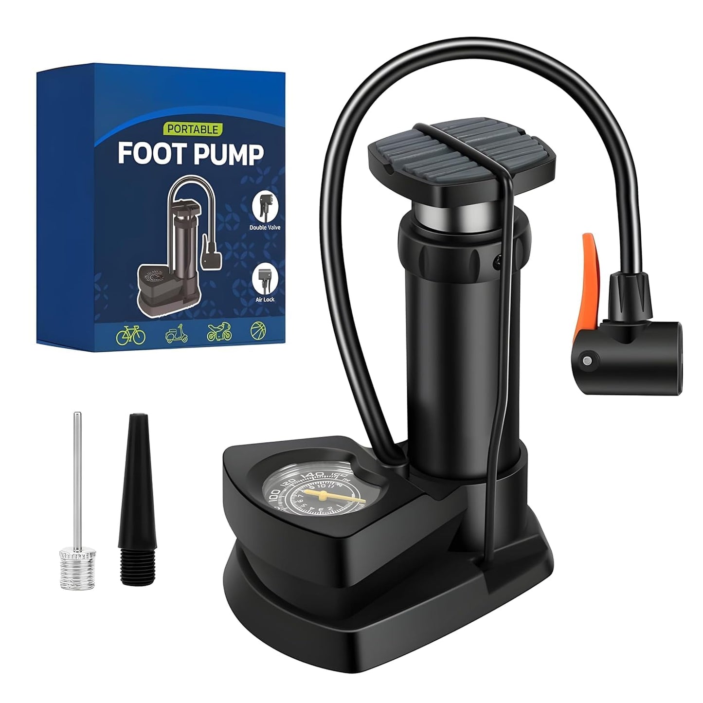 Portable Bicycle & Ball Air Pump with Pressure Gauge – Stable Anti-Skid Pedal, Easy Foot Operation