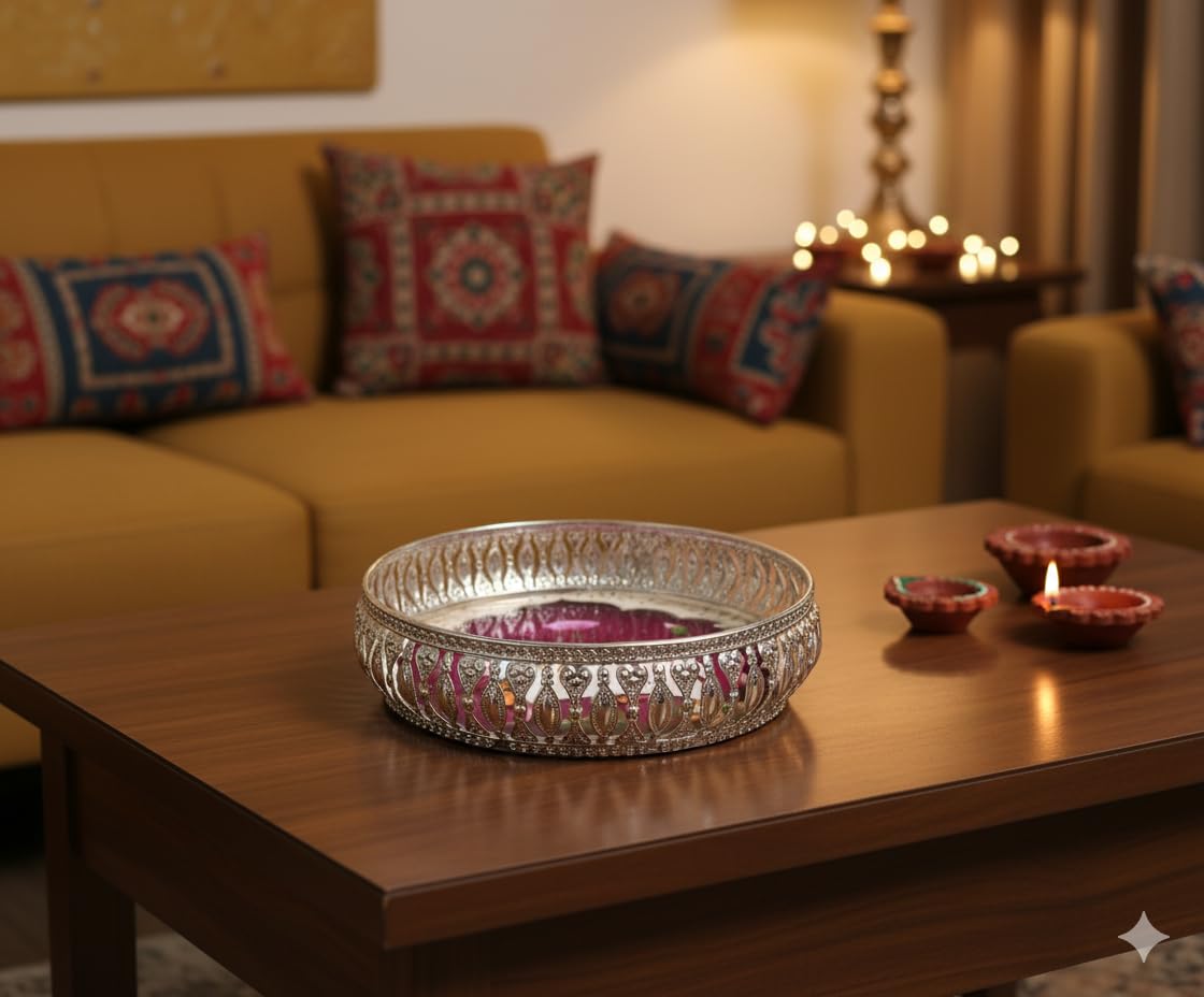 Elegant Silver German Decorative Tray 8 Inch – Handcrafted Pichwai Design with Detailed Engraving, Ideal for Dry Fruits, Sweets, Weddings, and Festive Gifting