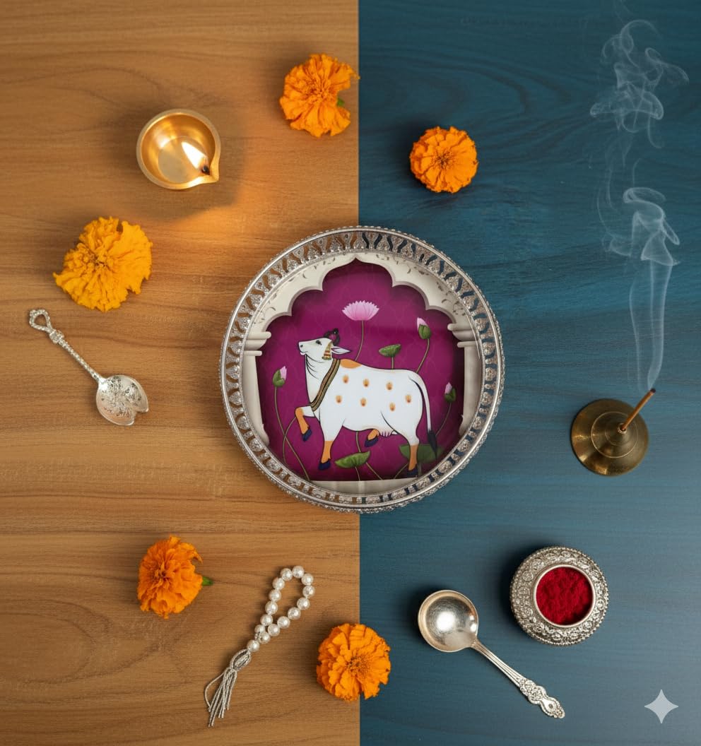 Elegant Silver German Decorative Tray 8 Inch – Handcrafted Pichwai Design with Detailed Engraving, Ideal for Dry Fruits, Sweets, Weddings, and Festive Gifting