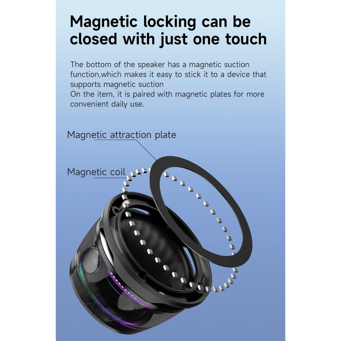 Magnetic Bluetooth Speaker – Mini Portable Wireless Speaker with RGB Lights, 3D Surround Sound, TWS Pairing, Waterproof Design & Phone Stand