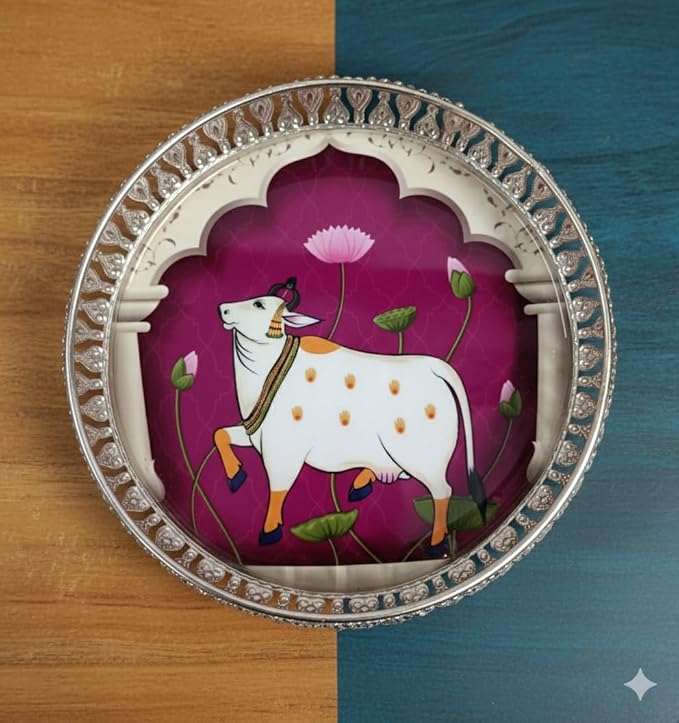 Elegant Silver German Decorative Tray 8 Inch – Handcrafted Pichwai Design with Detailed Engraving, Ideal for Dry Fruits, Sweets, Weddings, and Festive Gifting