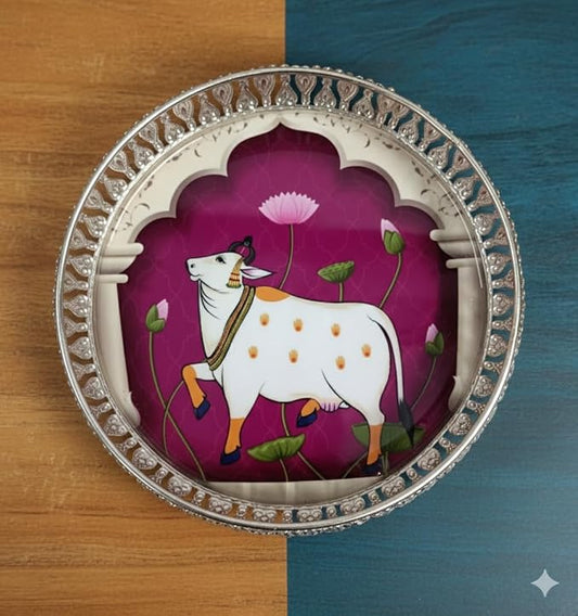 Elegant Silver German Decorative Tray 8 Inch – Handcrafted Pichwai Design with Detailed Engraving, Ideal for Dry Fruits, Sweets, Weddings, and Festive Gifting