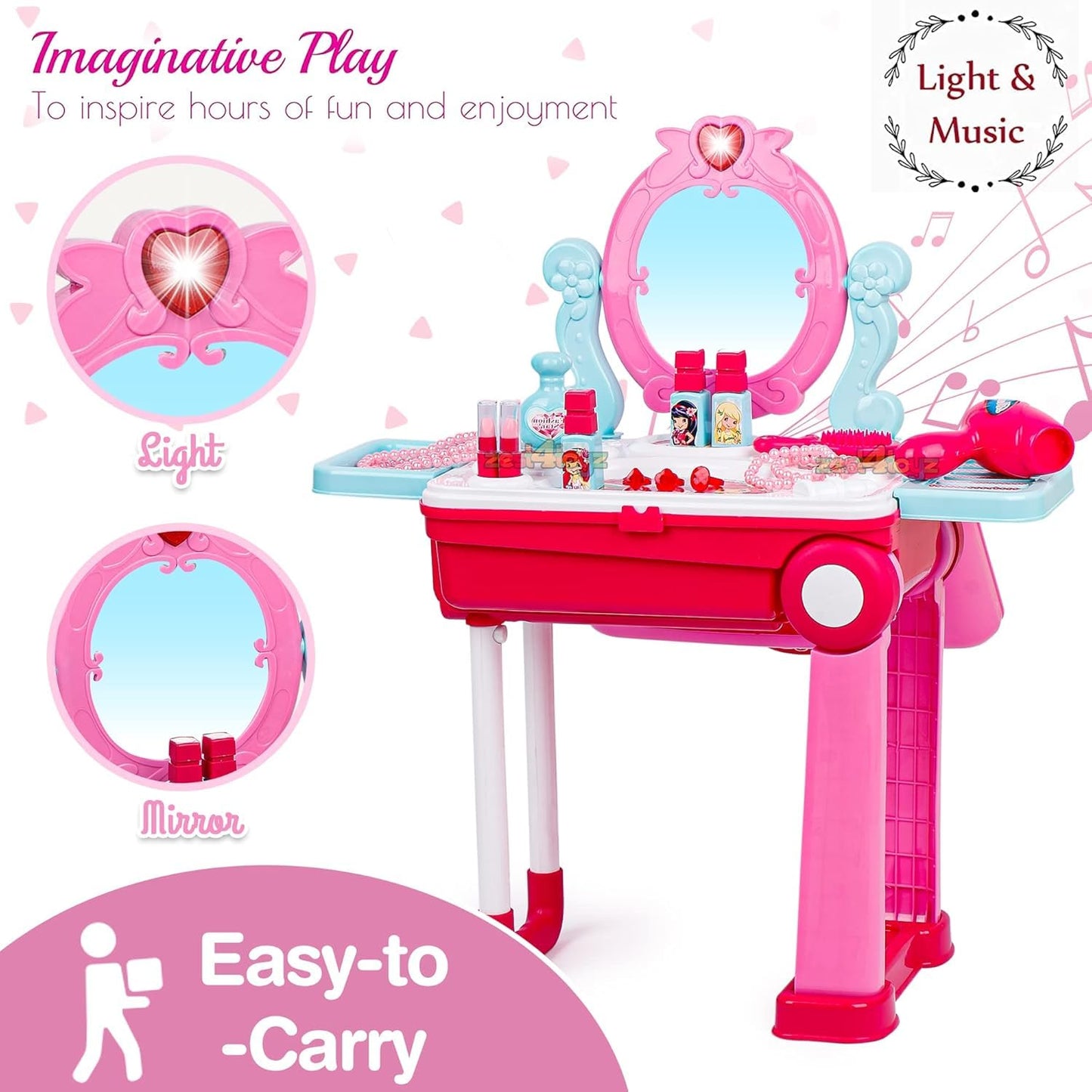 Portable Girls Beauty Toy Set with Wheels | 21-Piece Makeup Kit Suitcase Trolley | Easy Clean Play Set