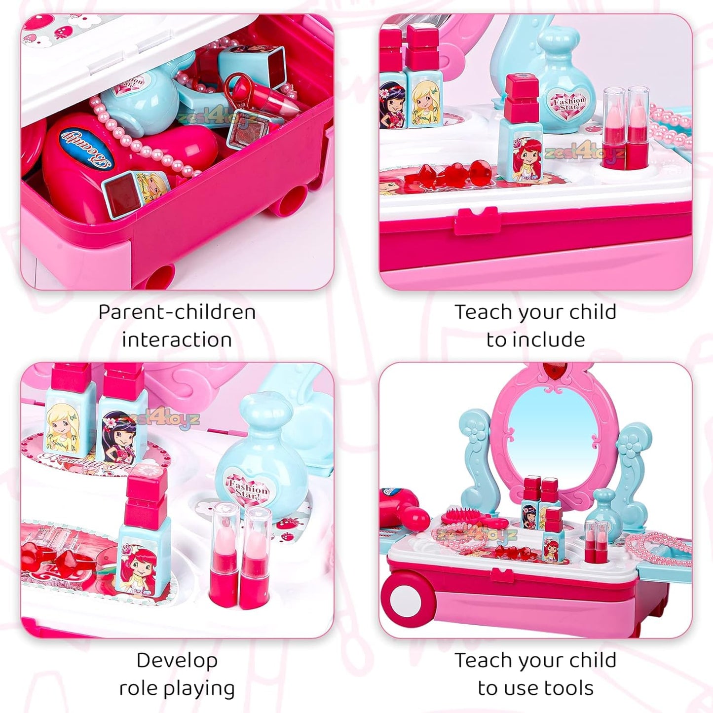 Portable Girls Beauty Toy Set with Wheels | 21-Piece Makeup Kit Suitcase Trolley | Easy Clean Play Set