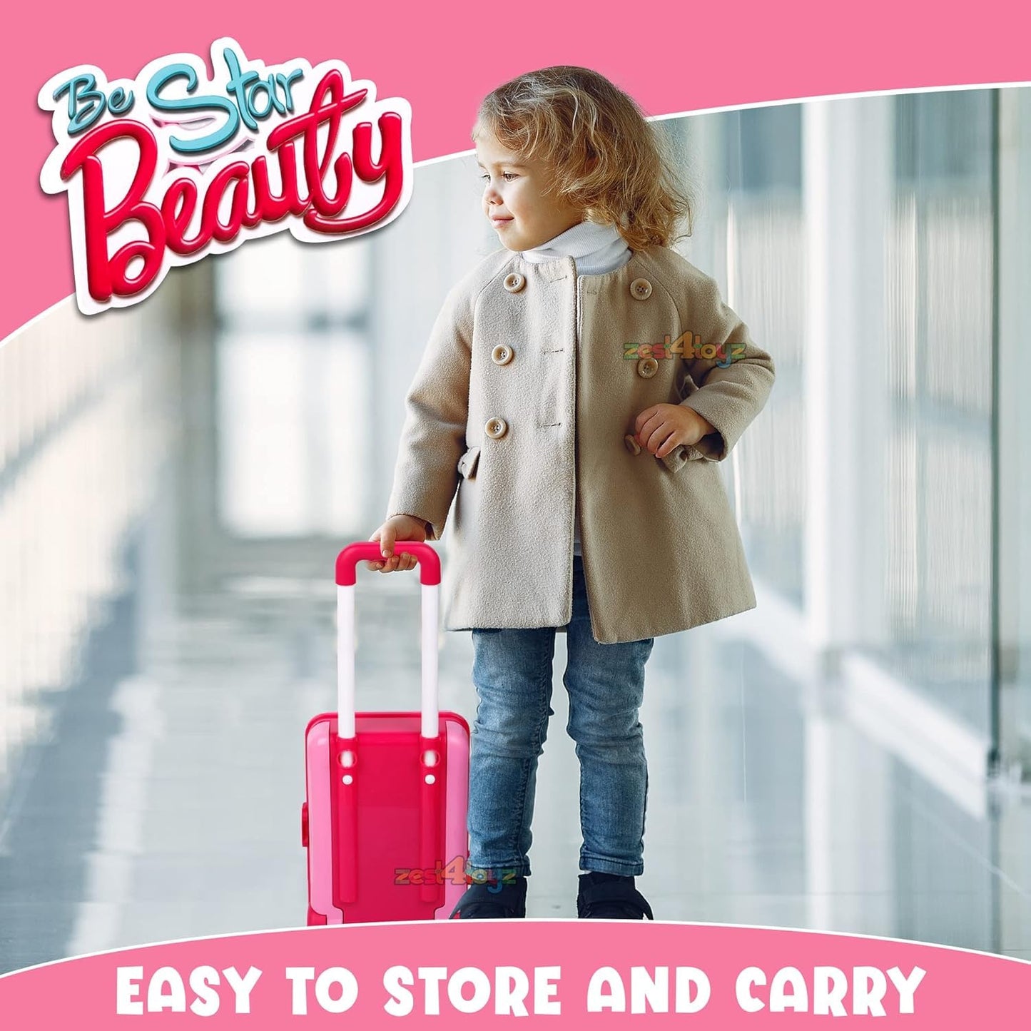 Portable Girls Beauty Toy Set with Wheels | 21-Piece Makeup Kit Suitcase Trolley | Easy Clean Play Set
