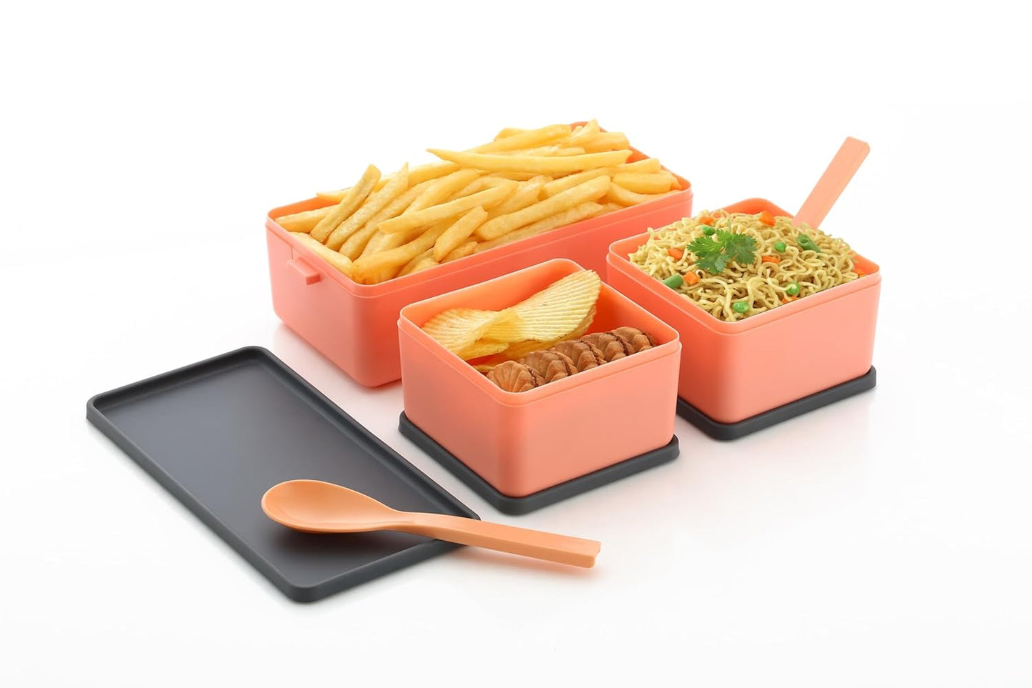 Double Decker BPA-Free Lunch Box – 3 Detachable Containers, 2 Spoons, Stylish Airtight Lid – 1.4L Multicolor, Easy to Carry for Office, School & Outdoors