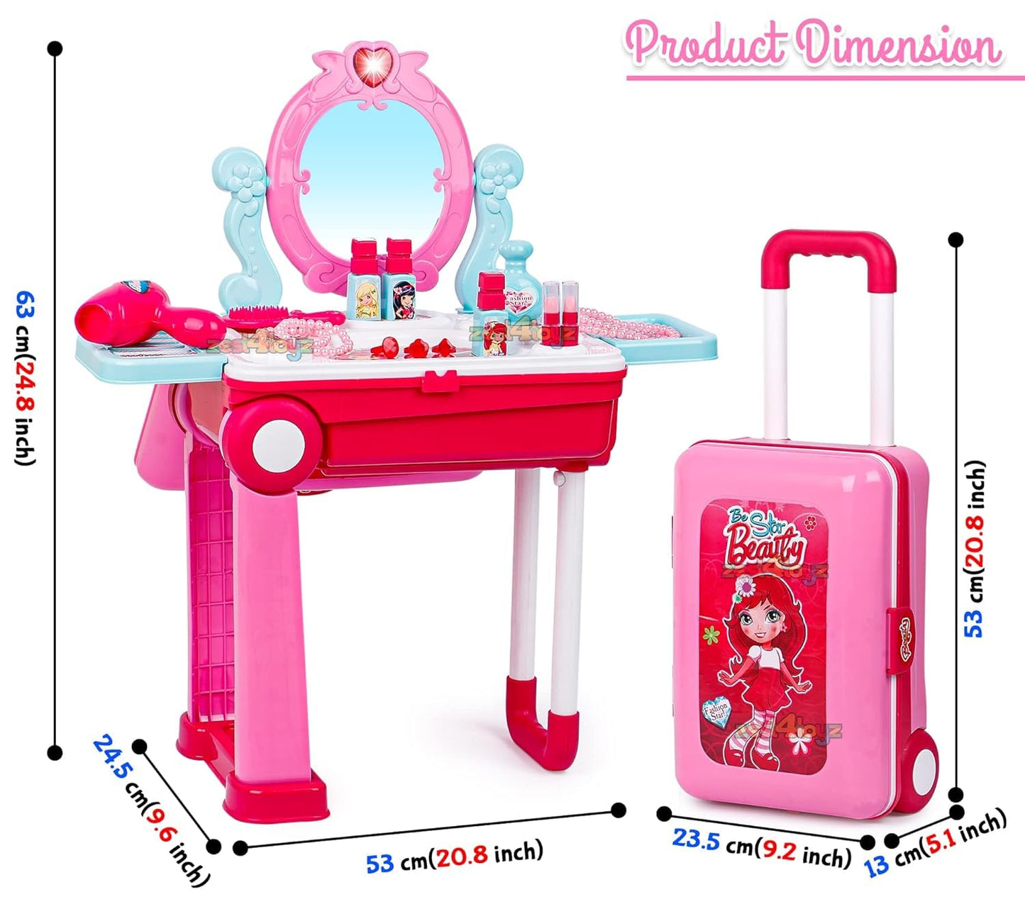 Portable Girls Beauty Toy Set with Wheels | 21-Piece Makeup Kit Suitcase Trolley | Easy Clean Play Set