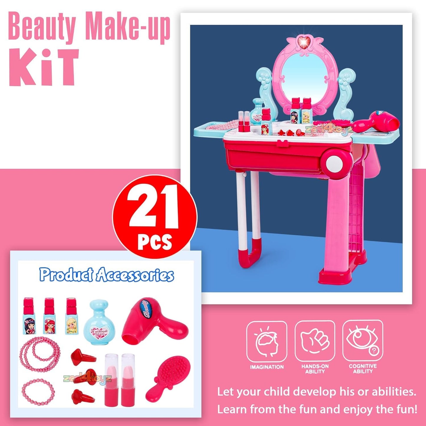 Portable Girls Beauty Toy Set with Wheels | 21-Piece Makeup Kit Suitcase Trolley | Easy Clean Play Set