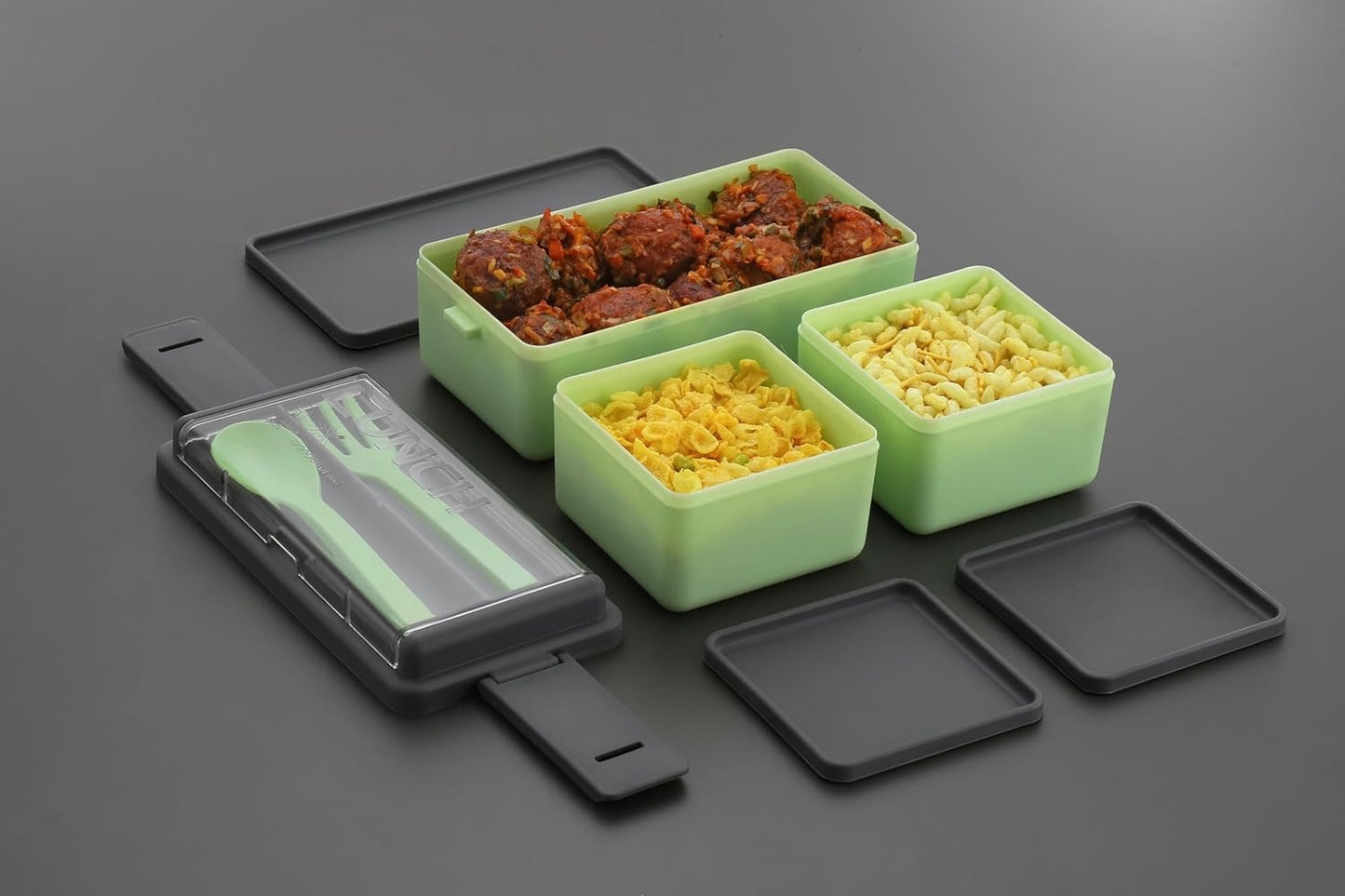 Double Decker BPA-Free Lunch Box – 3 Detachable Containers, 2 Spoons, Stylish Airtight Lid – 1.4L Multicolor, Easy to Carry for Office, School & Outdoors