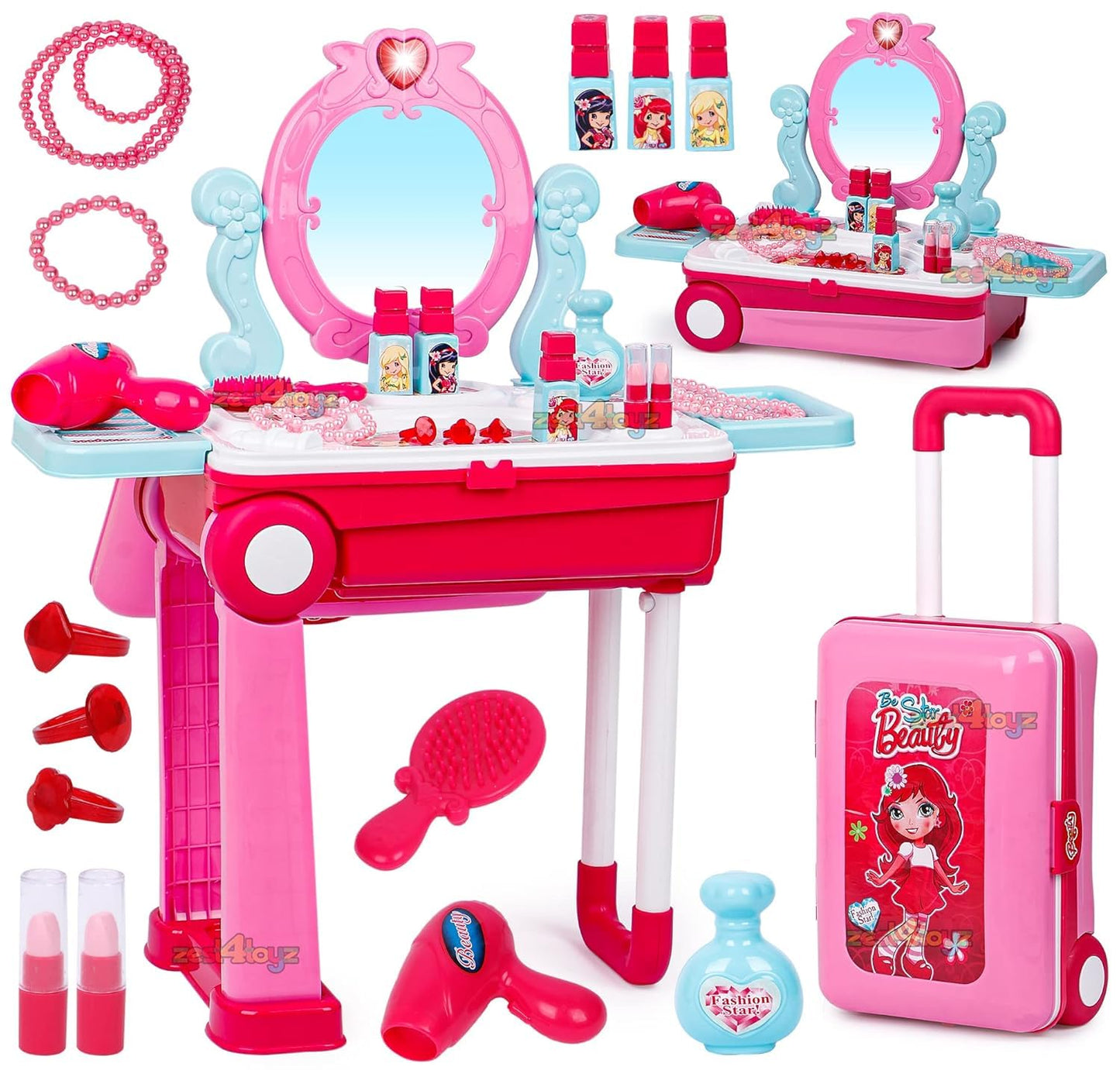 Portable Girls Beauty Toy Set with Wheels | 21-Piece Makeup Kit Suitcase Trolley | Easy Clean Play Set