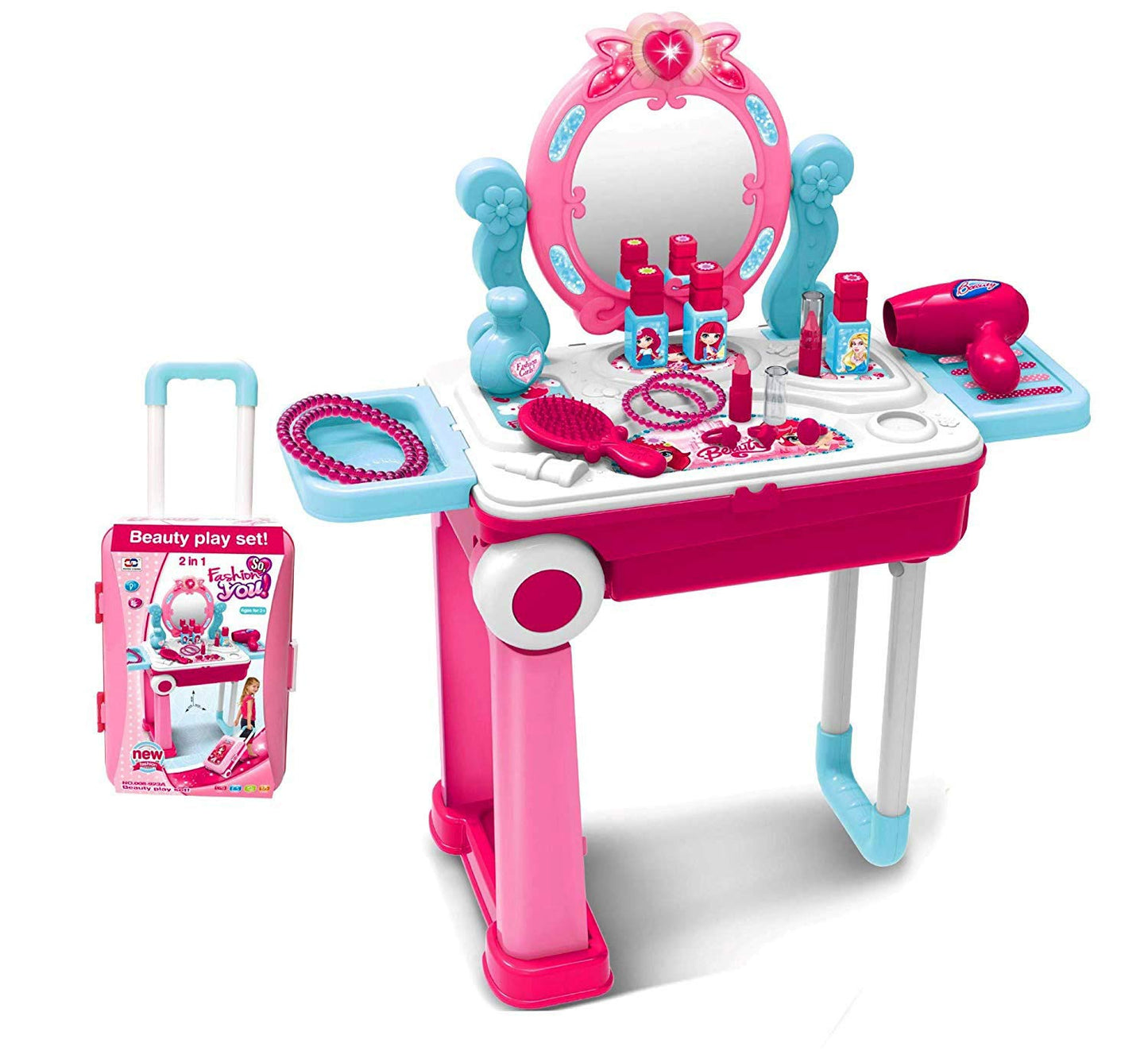 Portable Girls Beauty Toy Set with Wheels | 21-Piece Makeup Kit Suitcase Trolley | Easy Clean Play Set