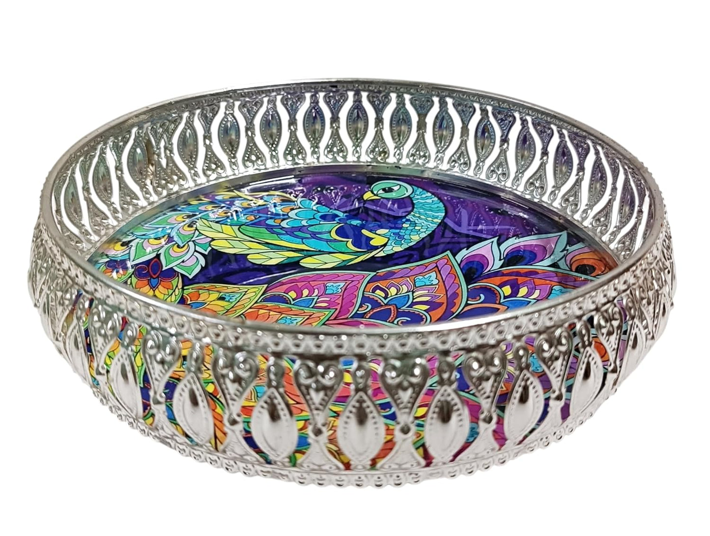 Elegant Silver German Decorative Tray 8 Inch – Handcrafted Pichwai Design with Detailed Engraving, Ideal for Dry Fruits, Sweets, Weddings, and Festive Gifting