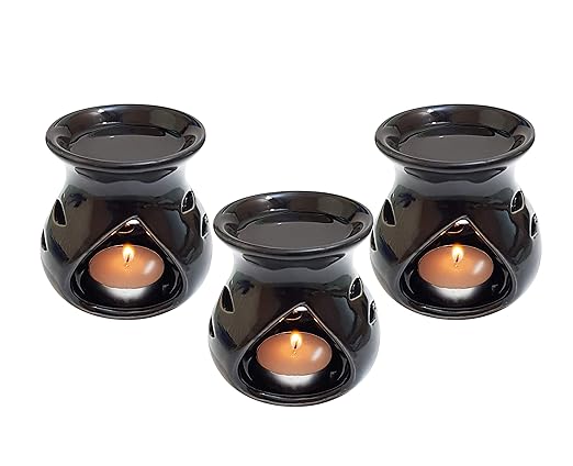 Pure Source India Ceramic Clay Oil Burner Aroma Diffuser (Black) -Set of 2