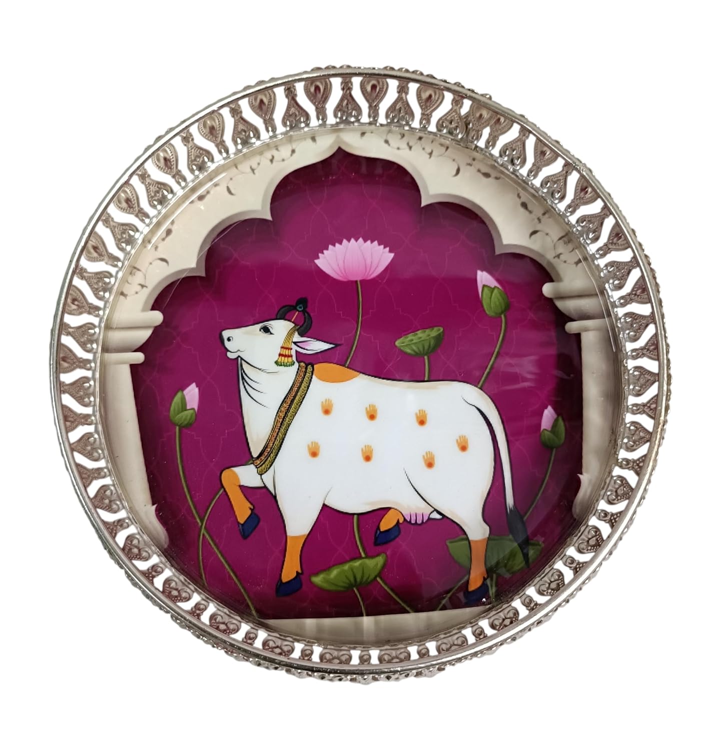 Elegant Silver German Decorative Tray 8 Inch – Handcrafted Pichwai Design with Detailed Engraving, Ideal for Dry Fruits, Sweets, Weddings, and Festive Gifting