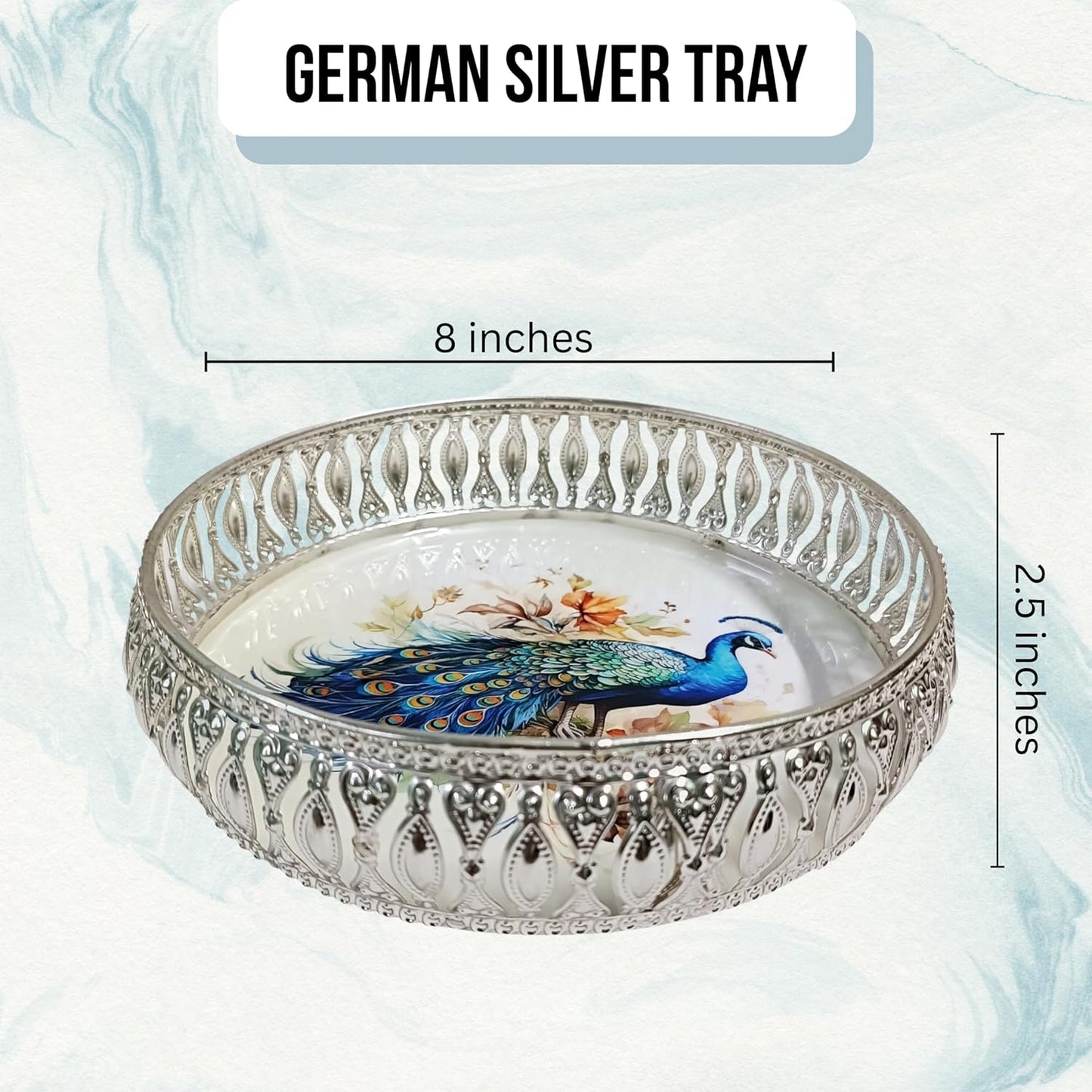Elegant Silver German Decorative Tray 8 Inch – Handcrafted Pichwai Design with Detailed Engraving, Ideal for Dry Fruits, Sweets, Weddings, and Festive Gifting