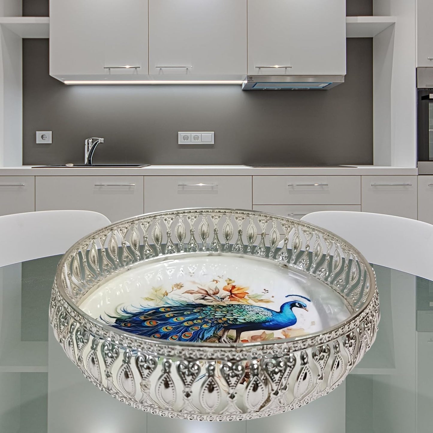 Elegant Silver German Decorative Tray 8 Inch – Handcrafted Pichwai Design with Detailed Engraving, Ideal for Dry Fruits, Sweets, Weddings, and Festive Gifting