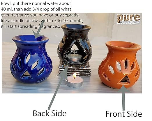 Pure Source India Ceramic Clay Oil Burner Aroma Diffuser (Black) -Set of 2