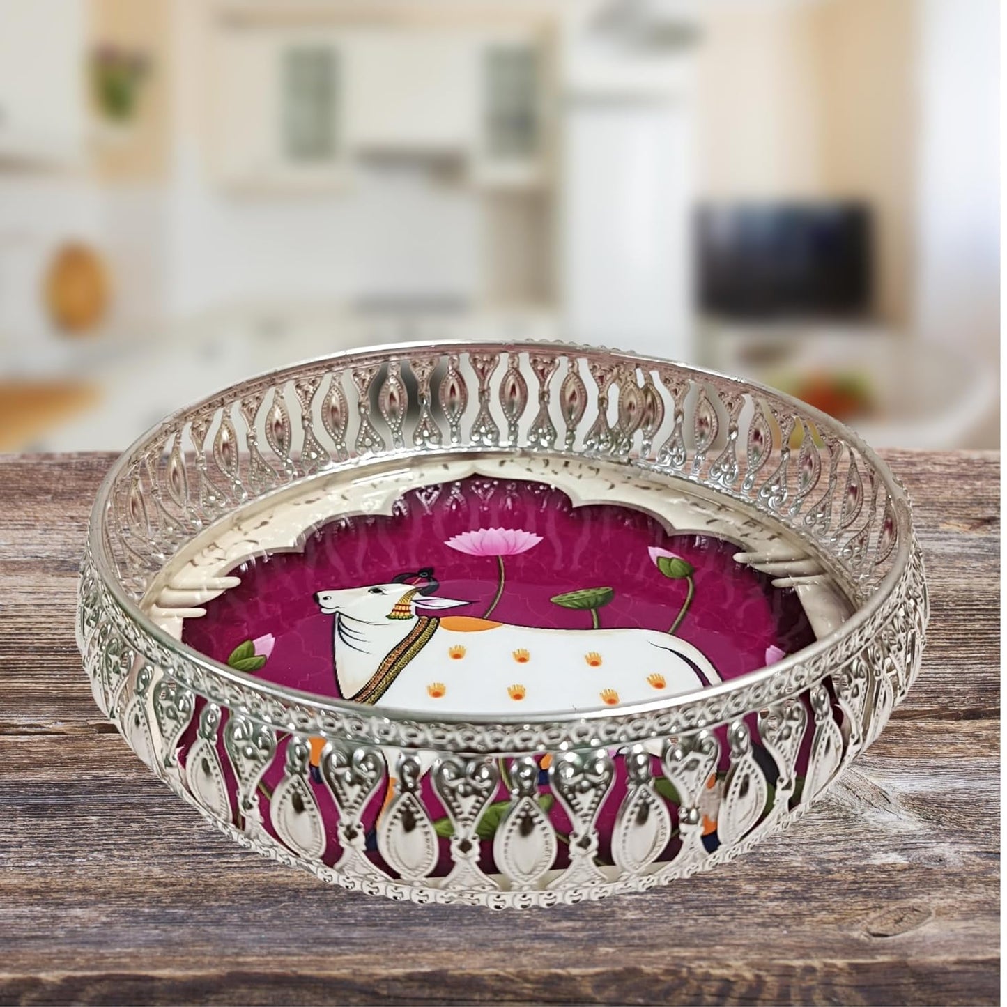 Elegant Silver German Decorative Tray 8 Inch – Handcrafted Pichwai Design with Detailed Engraving, Ideal for Dry Fruits, Sweets, Weddings, and Festive Gifting