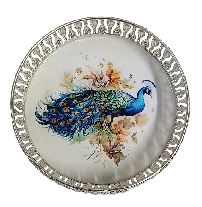Elegant Silver German Decorative Tray 8 Inch – Handcrafted Pichwai Design with Detailed Engraving, Ideal for Dry Fruits, Sweets, Weddings, and Festive Gifting