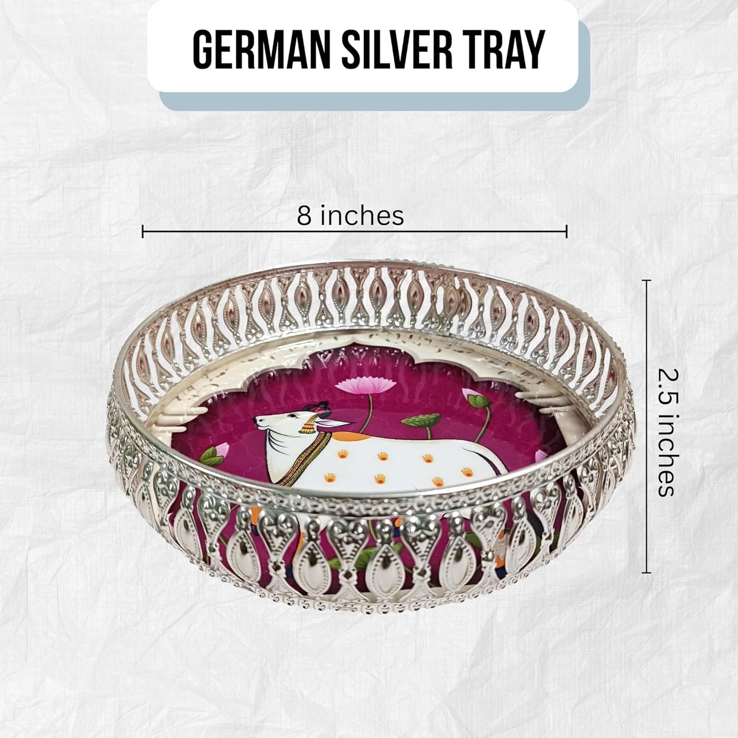 Elegant Silver German Decorative Tray 8 Inch – Handcrafted Pichwai Design with Detailed Engraving, Ideal for Dry Fruits, Sweets, Weddings, and Festive Gifting