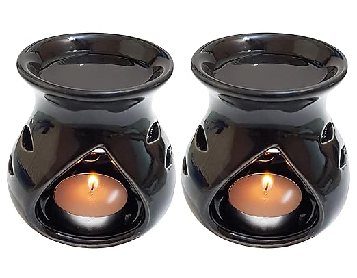Pure Source India Ceramic Clay Oil Burner Aroma Diffuser (Black) -Set of 2