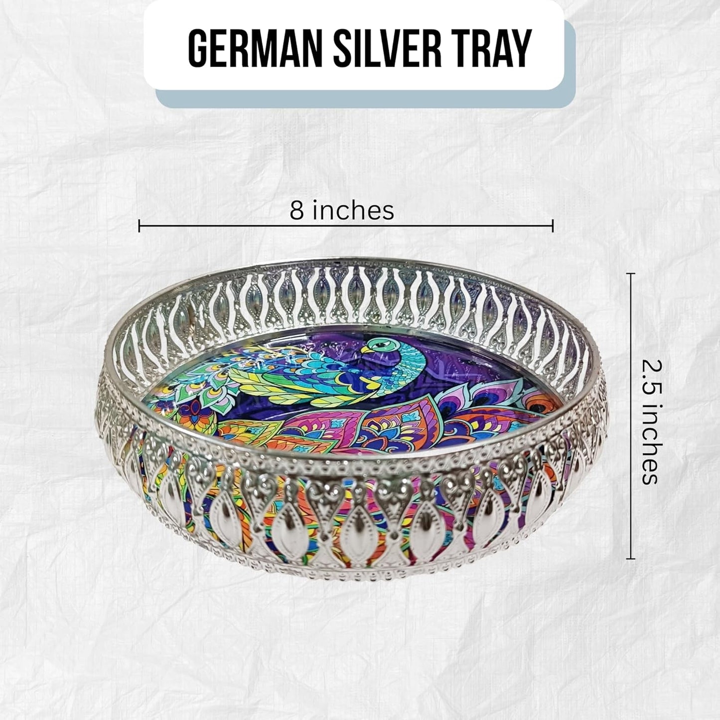 Elegant Silver German Decorative Tray 8 Inch – Handcrafted Pichwai Design with Detailed Engraving, Ideal for Dry Fruits, Sweets, Weddings, and Festive Gifting