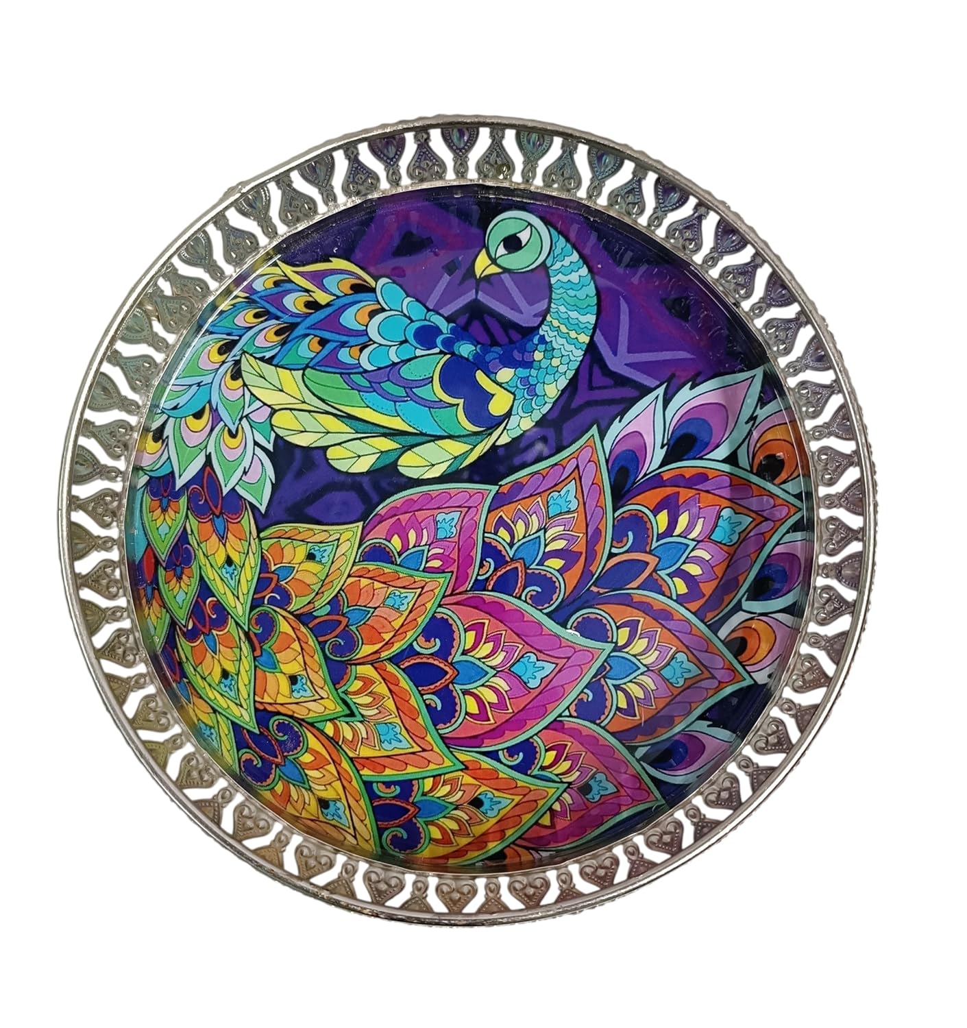 Elegant Silver German Decorative Tray 8 Inch – Handcrafted Pichwai Design with Detailed Engraving, Ideal for Dry Fruits, Sweets, Weddings, and Festive Gifting