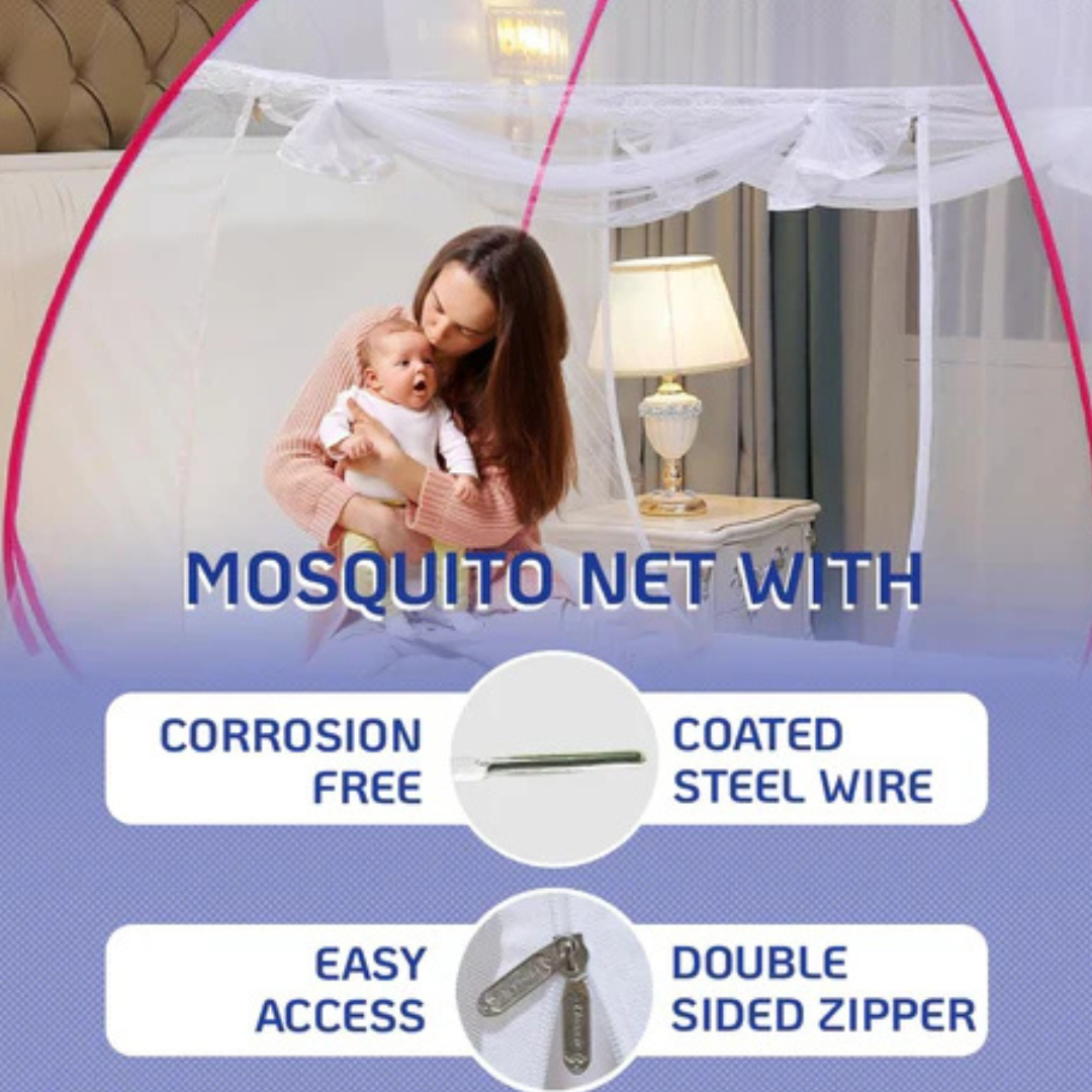 King-Size Foldable Mosquito Net for Double Bed | Durable Polyester 30 GSM Mesh | Corrosion-Resistant PVC-Coated Steel Frame - Blue