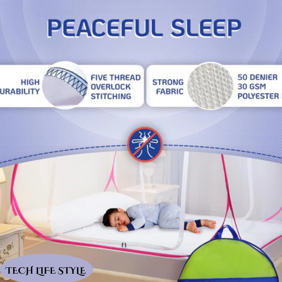 King-Size Foldable Mosquito Net for Double Bed | Durable Polyester 30 GSM Mesh | Corrosion-Resistant PVC-Coated Steel Frame - Blue
